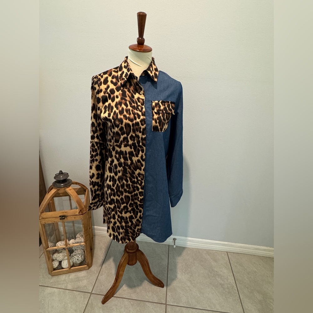 Leopard and Blue Denim Shirt Dress